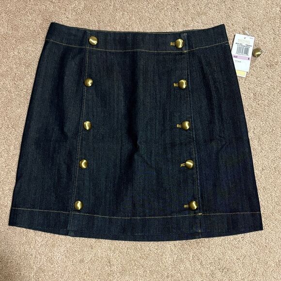 MICHAEL KORS Dark Wash Denim Skirt Gold Buttons Size 6 NWT - Picture 1 of 4